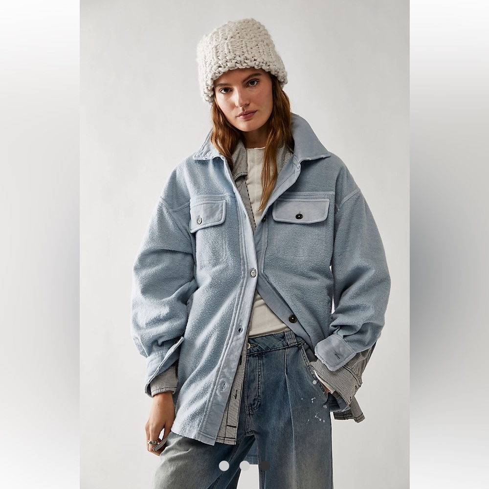 Free people Ruby shacket in autum sky.